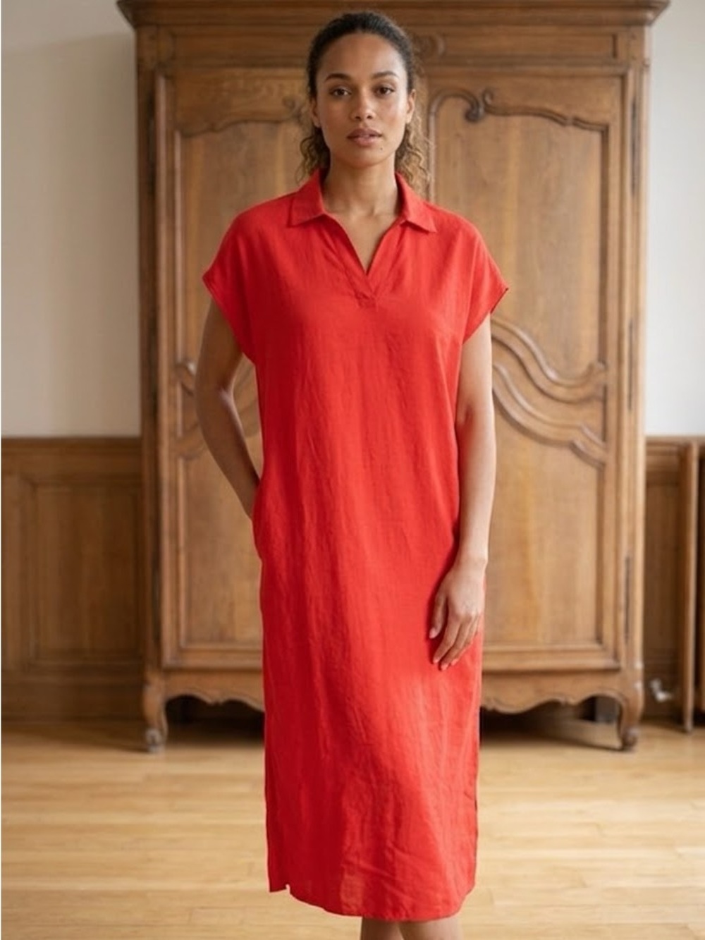 Tahari Linen V-Neck Collared Maxi Shift Dress